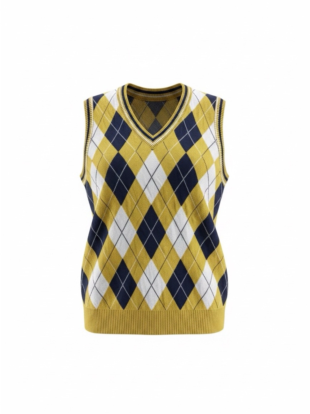 Argyle V-Neck Sweater Vest in Mustard, Navy & White
